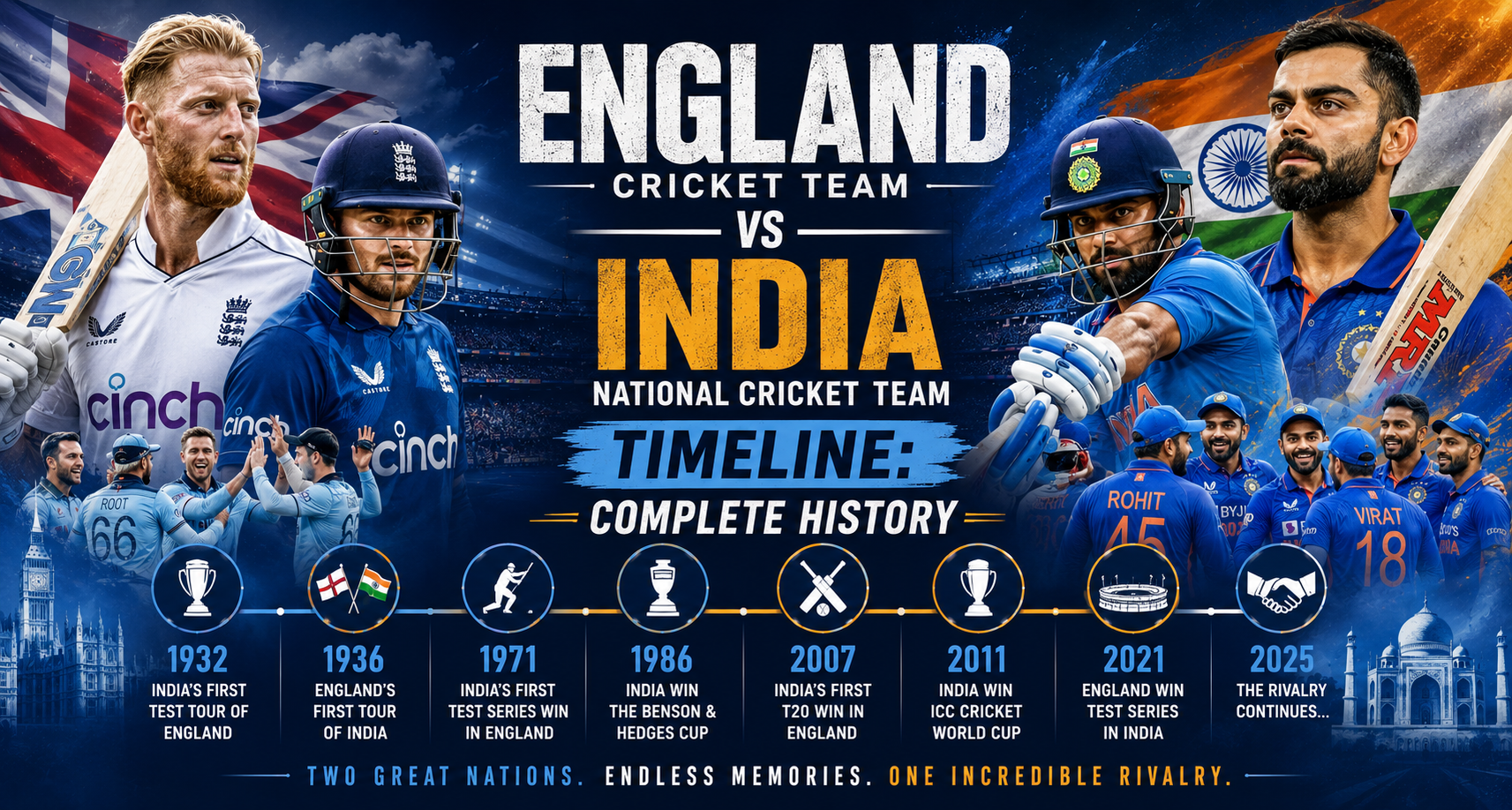 England Cricket Team vs India National Cricket Team Timeline — Complete History of an Intense Rivalry (1932–2026)
