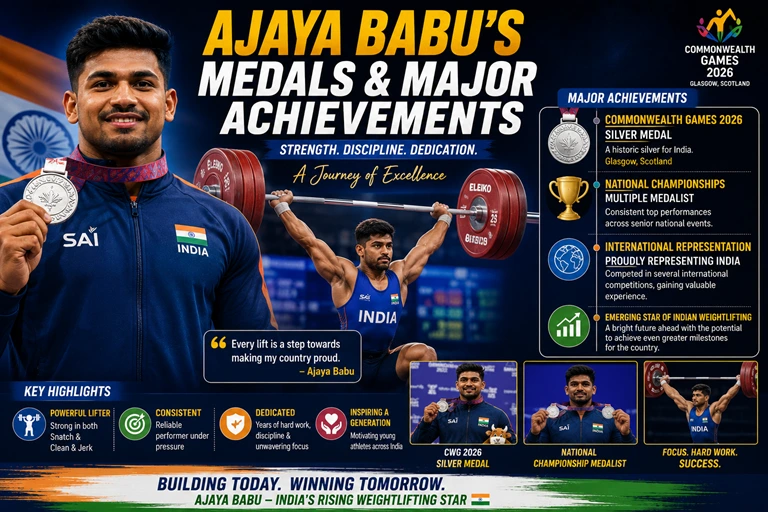 Ajaya Babu displaying his Commonwealth Games 2026 silver medal alongside highlights of his major weightlifting achievements for India