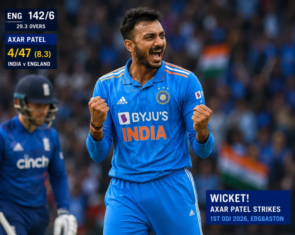 Axar Patel celebrating a wicket against England in the 1st ODI 2026