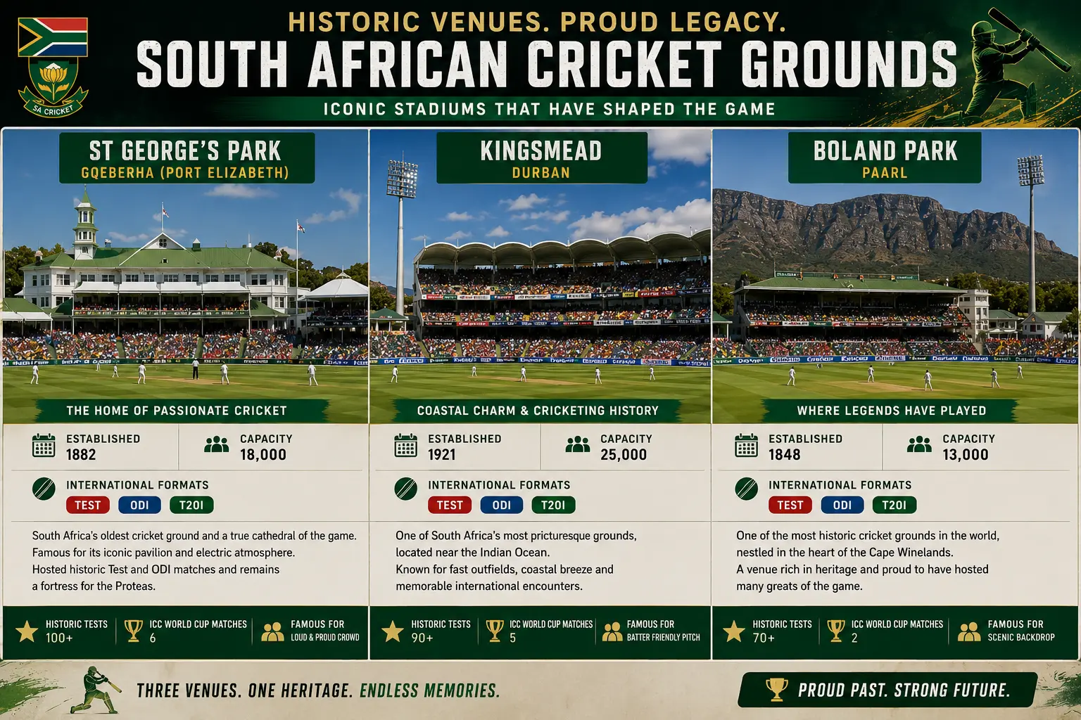  South African cricket grounds including St George's Park, Kingsmead, and Boland Park showcasing historic and modern venues.