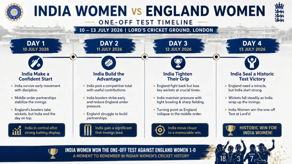 India Women vs England Women Test match timeline 10–13 July 2026