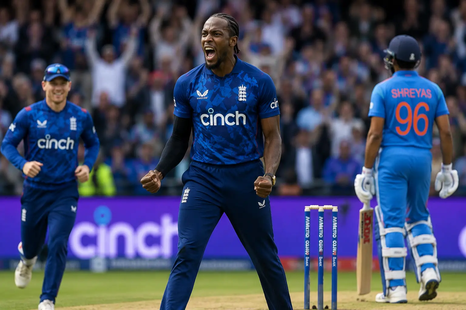  India National Cricket Team vs England Cricket Team Match Scorecard Jofra Archer celebrates wicket against India in Cardiff ODI 2026