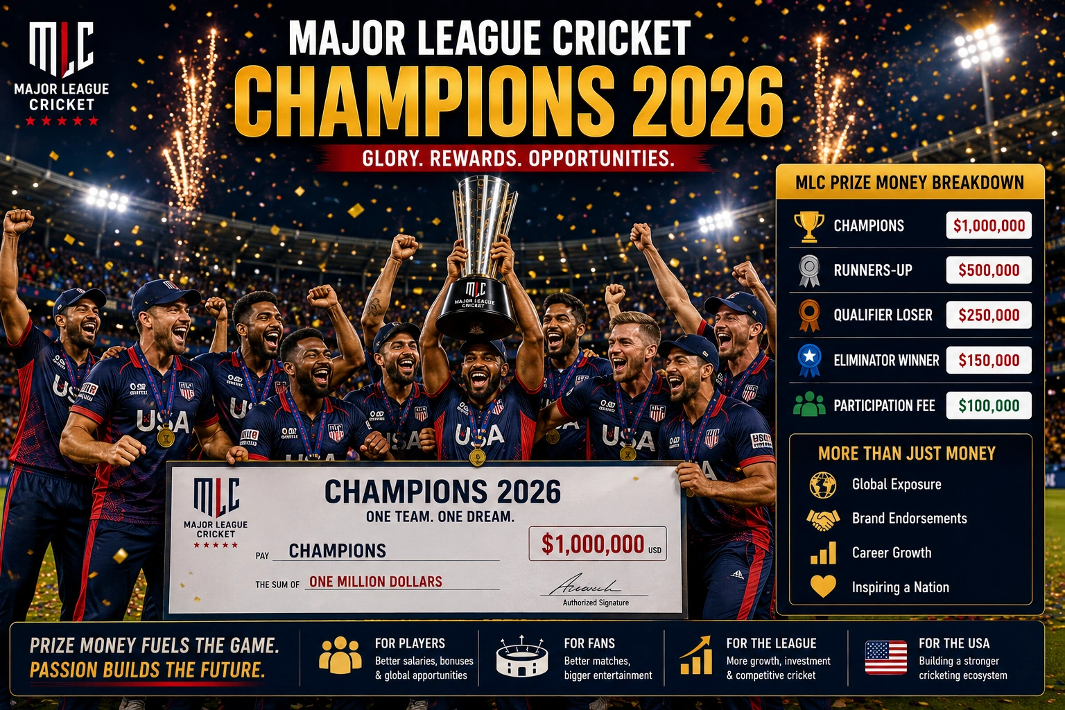 Major League Cricket champions celebrating with trophy and confetti