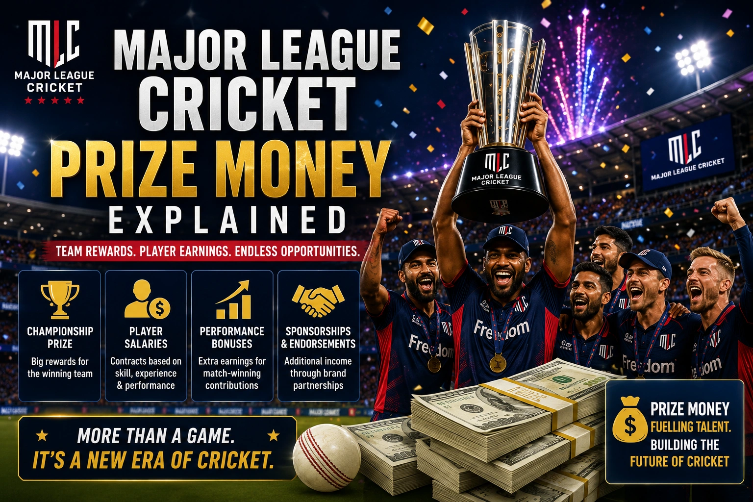 Major League Cricket championship trophy with prize money theme