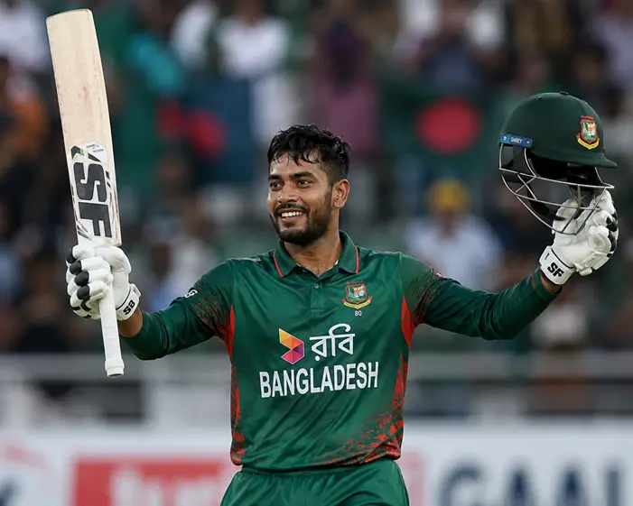 Mehidy Hasan Miraz celebrating after scoring an international century