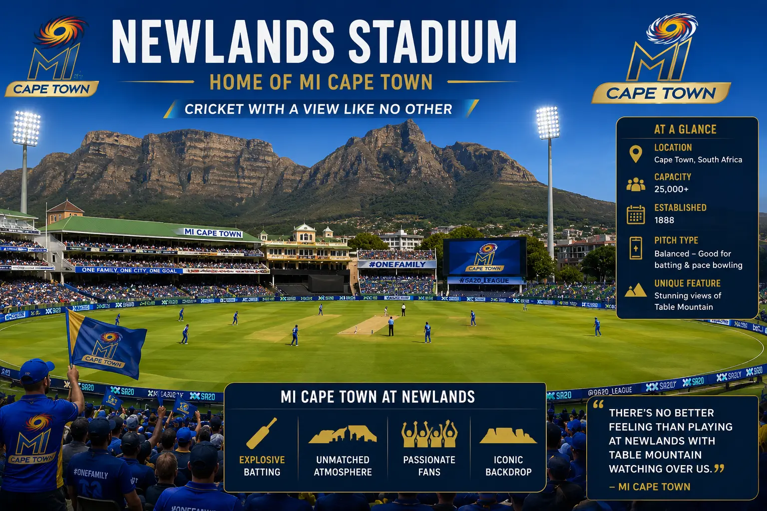 MI Cape Town playing at Newlands Cricket Ground with Table Mountain visible in the background.