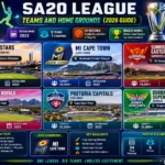 Collage of all six SA20 League teams and their home stadiums across South Africa during packed T20 matches.