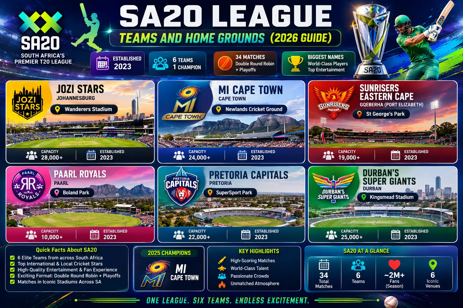 Collage of all six SA20 League teams and their home stadiums across South Africa during packed T20 matches.