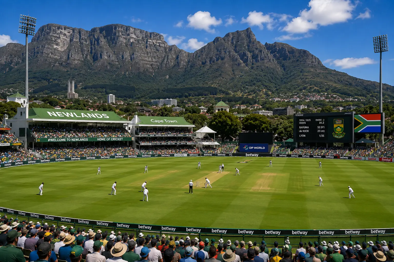 Newlands Cricket Ground in Cape Town with Table Mountain in the background during a Test match.