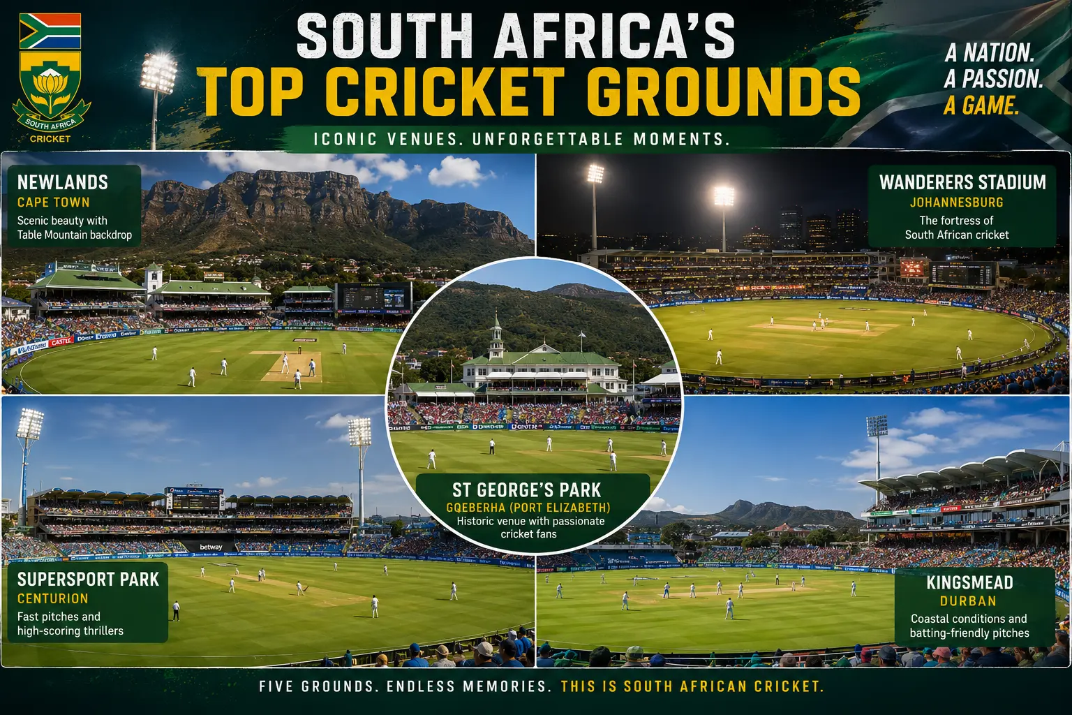 Infographic comparing South Africa's leading cricket stadiums by city, seating capacity, and international formats hosted.