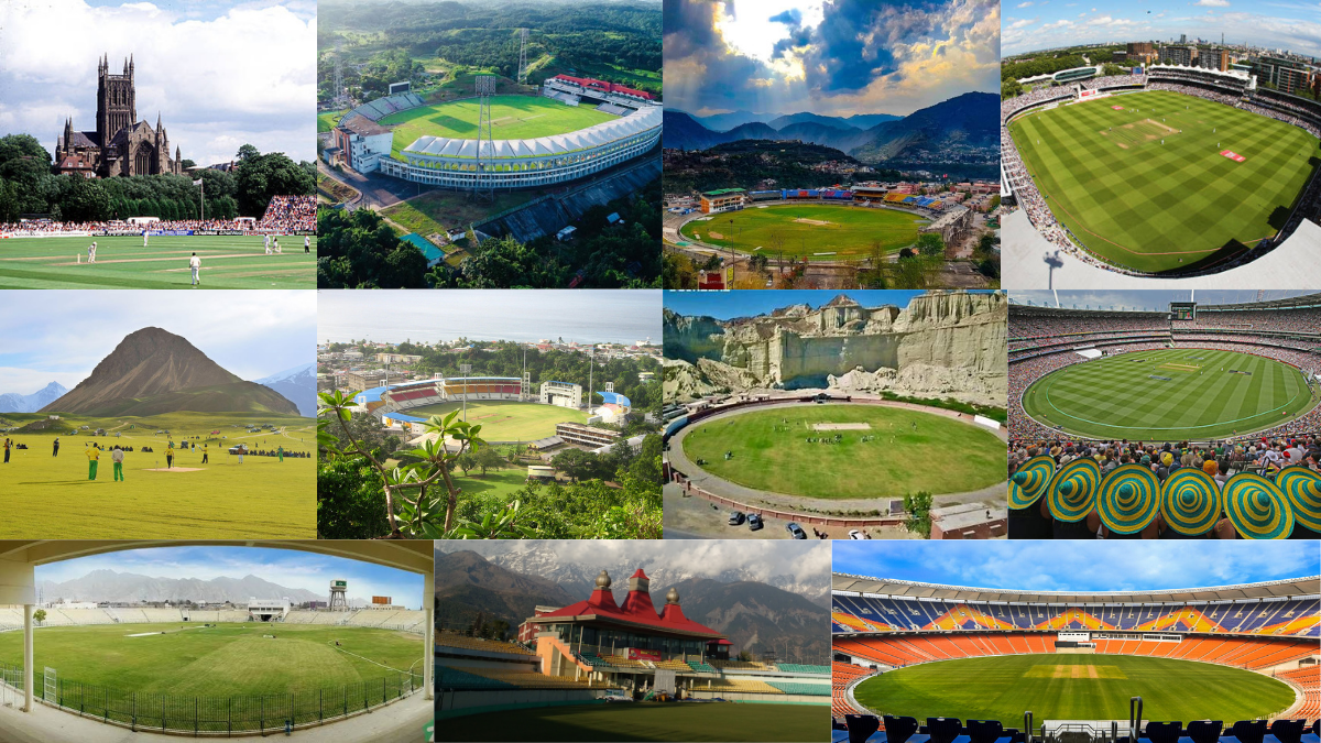 Collage of South Africa's top cricket grounds including Newlands, Wanderers Stadium, SuperSport Park, Kingsmead, and St George's Park during international matches.
