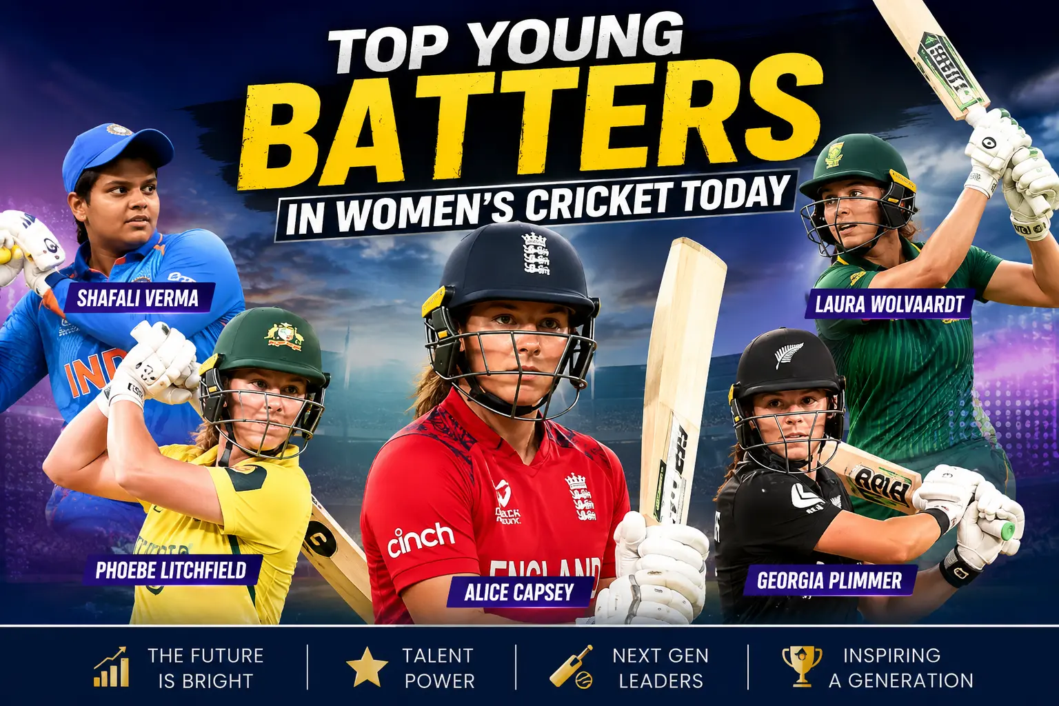 Young batters in women's cricket stars representing the next generation of international batting talent.
