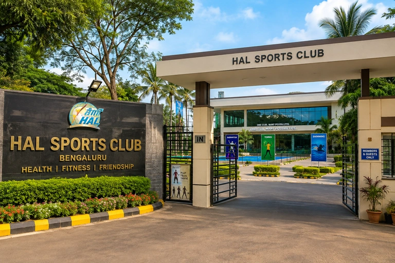 HAL Sports Club entrance with modern sports facilities in Bengaluru