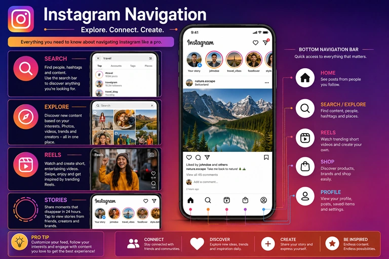 Instagram navigation features including Search Explore Reels and Stories