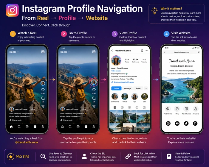 Instagram profile navigation from Reel to profile and website