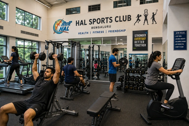 Members using gym and fitness equipment at HAL Sports Club
