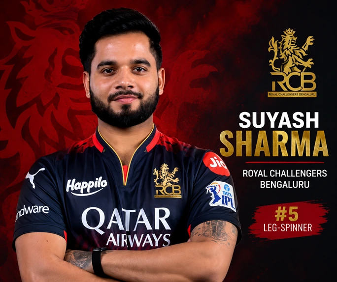 Portrait of Indian leg-spinner Suyash Sharma wearing the Royal Challengers Bengaluru jersey.
