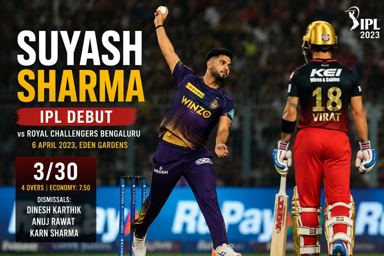 Suyash Sharma bowling during his memorable IPL debut for Kolkata Knight Riders in 2023.